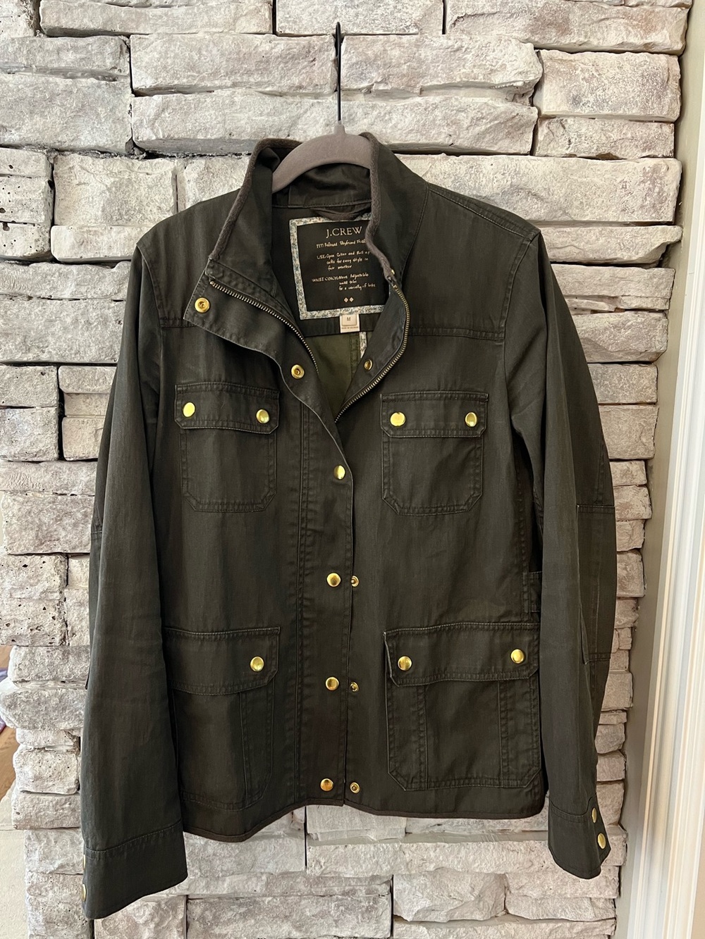 J. Crew Dark Olive Utility Relaxed Boyfriend Field Jacket Gold Hardware